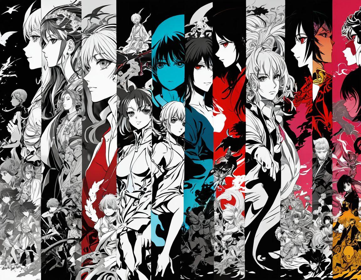 A collage showcasing the evolution of manga content: a transition from colorful, exaggerated Hentai art on one side to darker, more mature Seinen styles on the other. Include distinct character designs and themes, capturing the essence of both genres. The background should blend the two sides harmoniously, symbolizing the journey through manga culture. surreal art. vibrant colors. 3D elements.